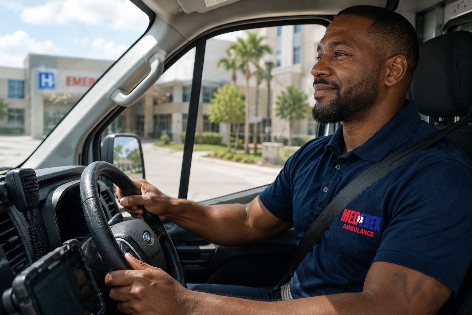 Medtrek crew member at the wheel of a transport van outside a hospital