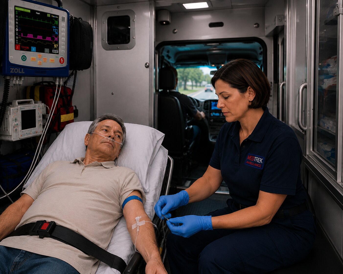 Medtrek medic tending to a monitored patient on nasal oxygen inside the ambulance