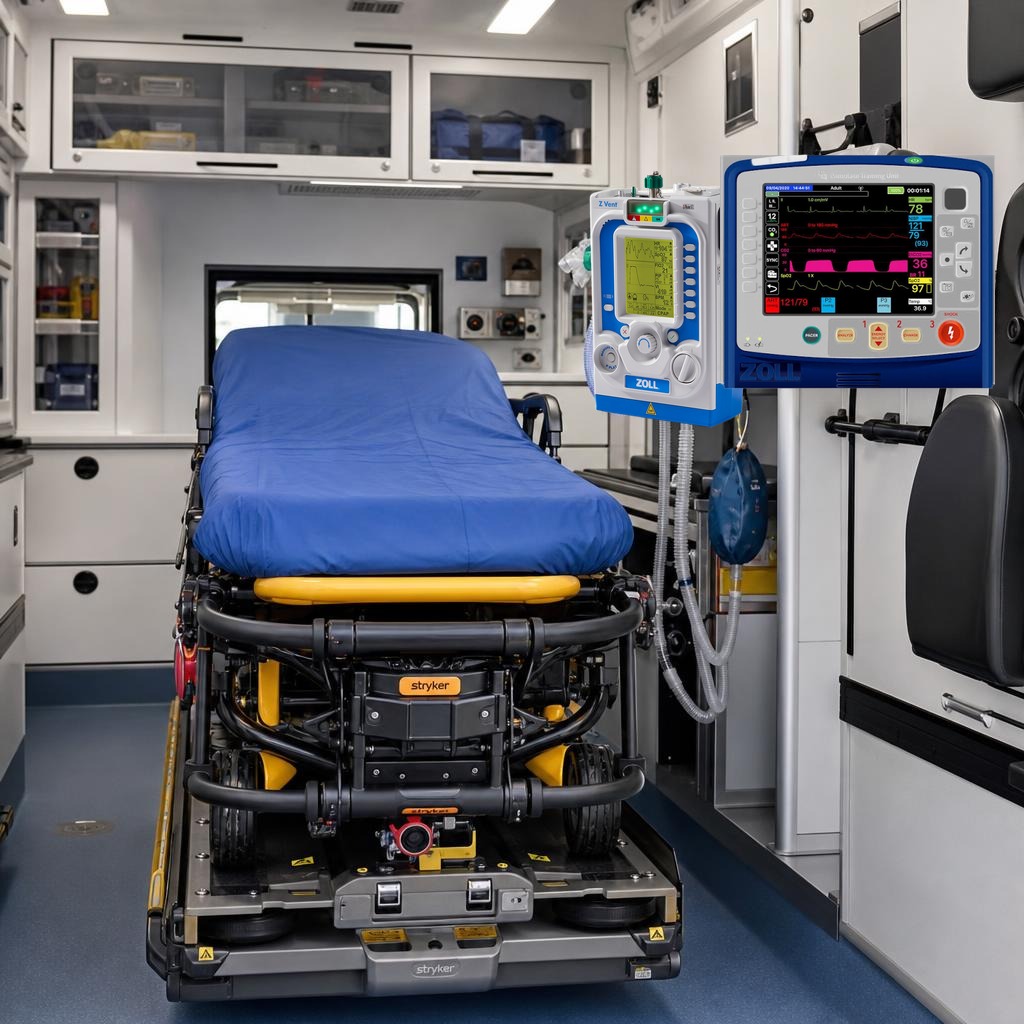 Stryker Power-LOAD stretcher system with Zoll Z Vent ventilator and Zoll X Series cardiac monitor