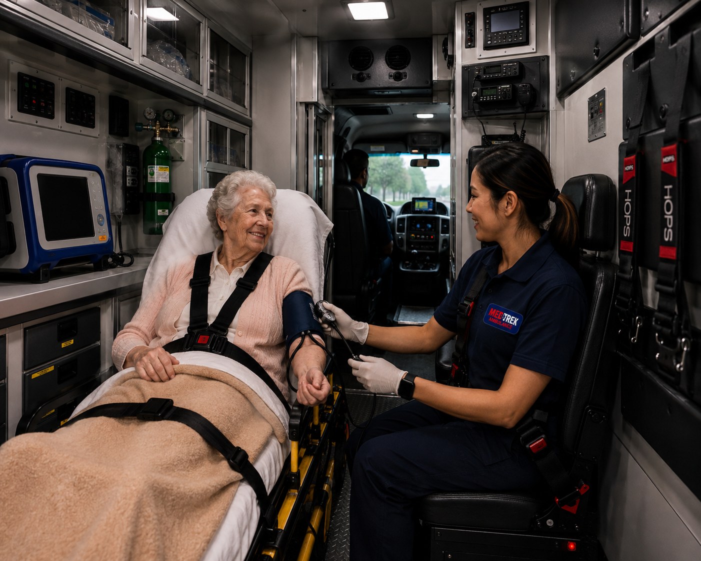 Medtrek EMT assisting a patient in a BLS ambulance