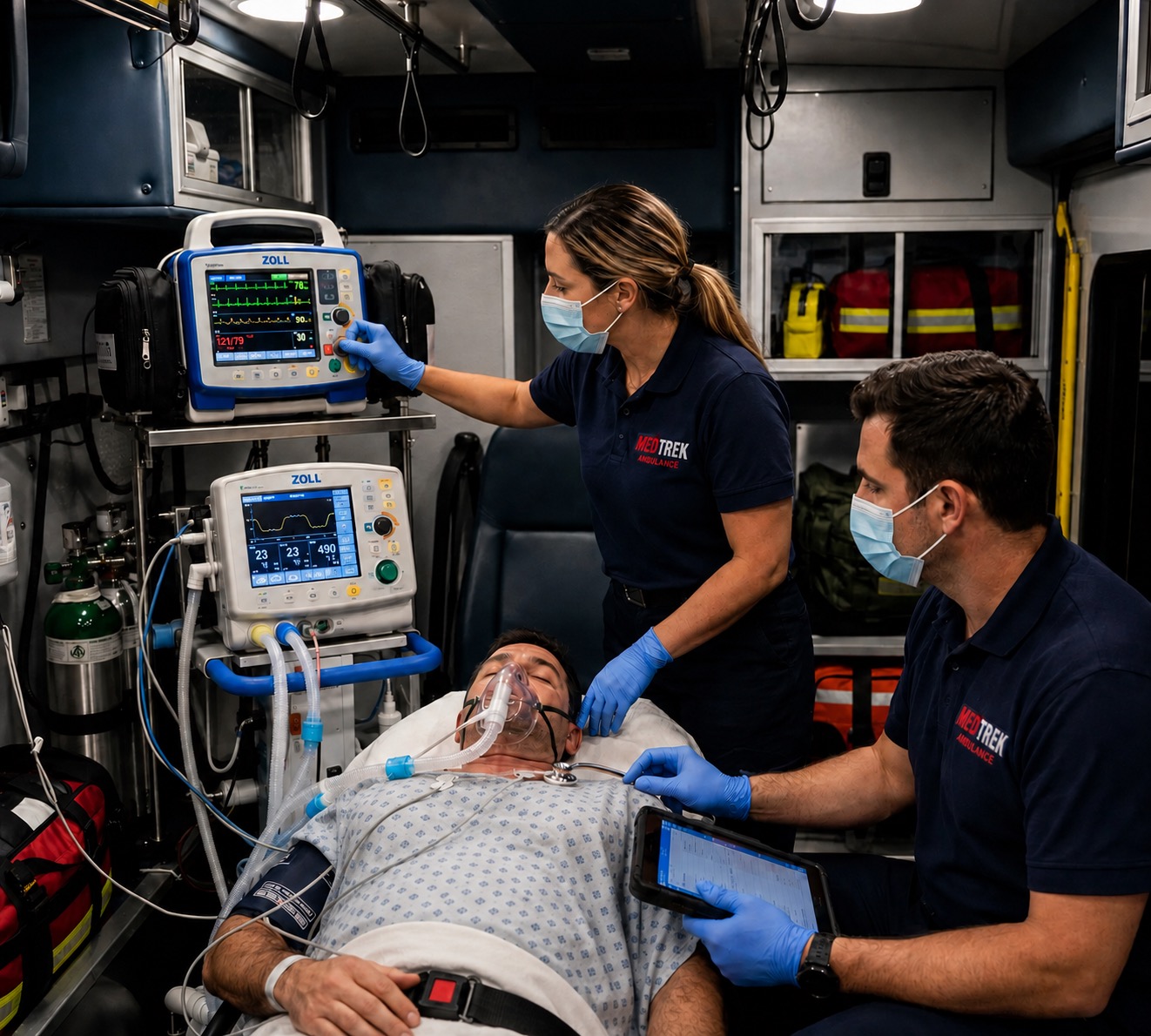 Medtrek critical care crew monitoring a ventilated patient inside a CCT ambulance