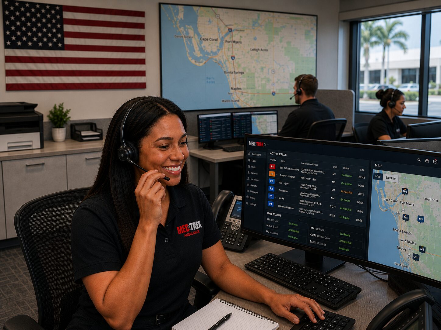 Smiling Medtrek dispatcher taking a call in the Naples dispatch center, with the Southwest Florida coverage map and US flag in the background