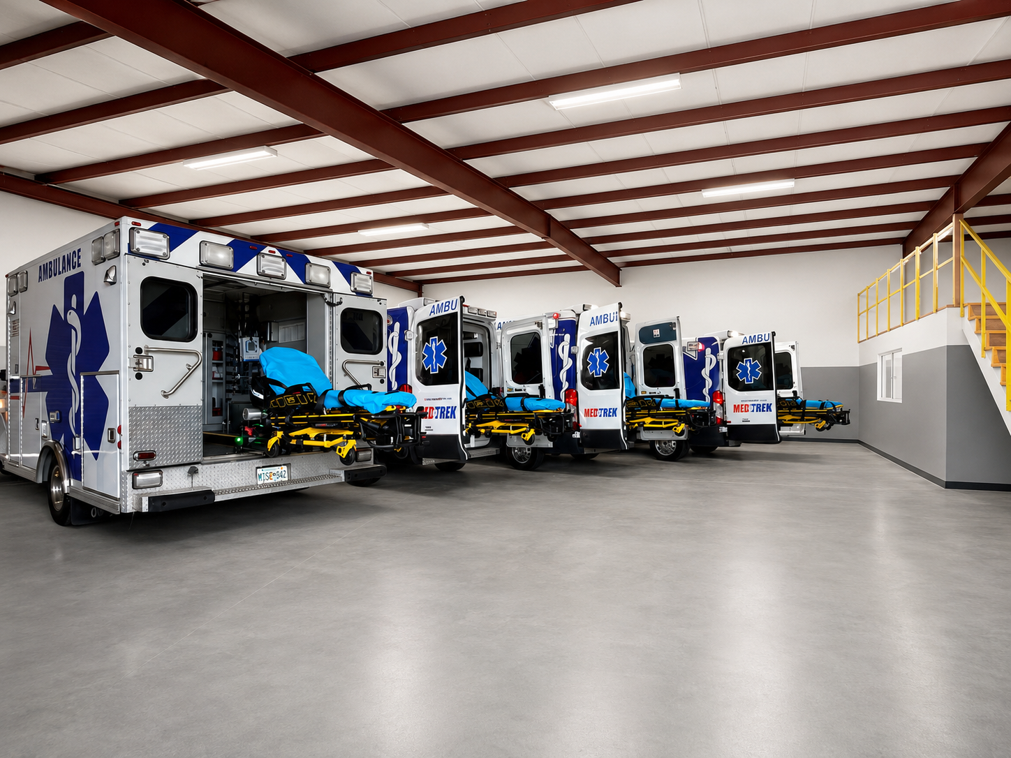 Medtrek fleet with rear doors open showing stretchers, ready for dispatch