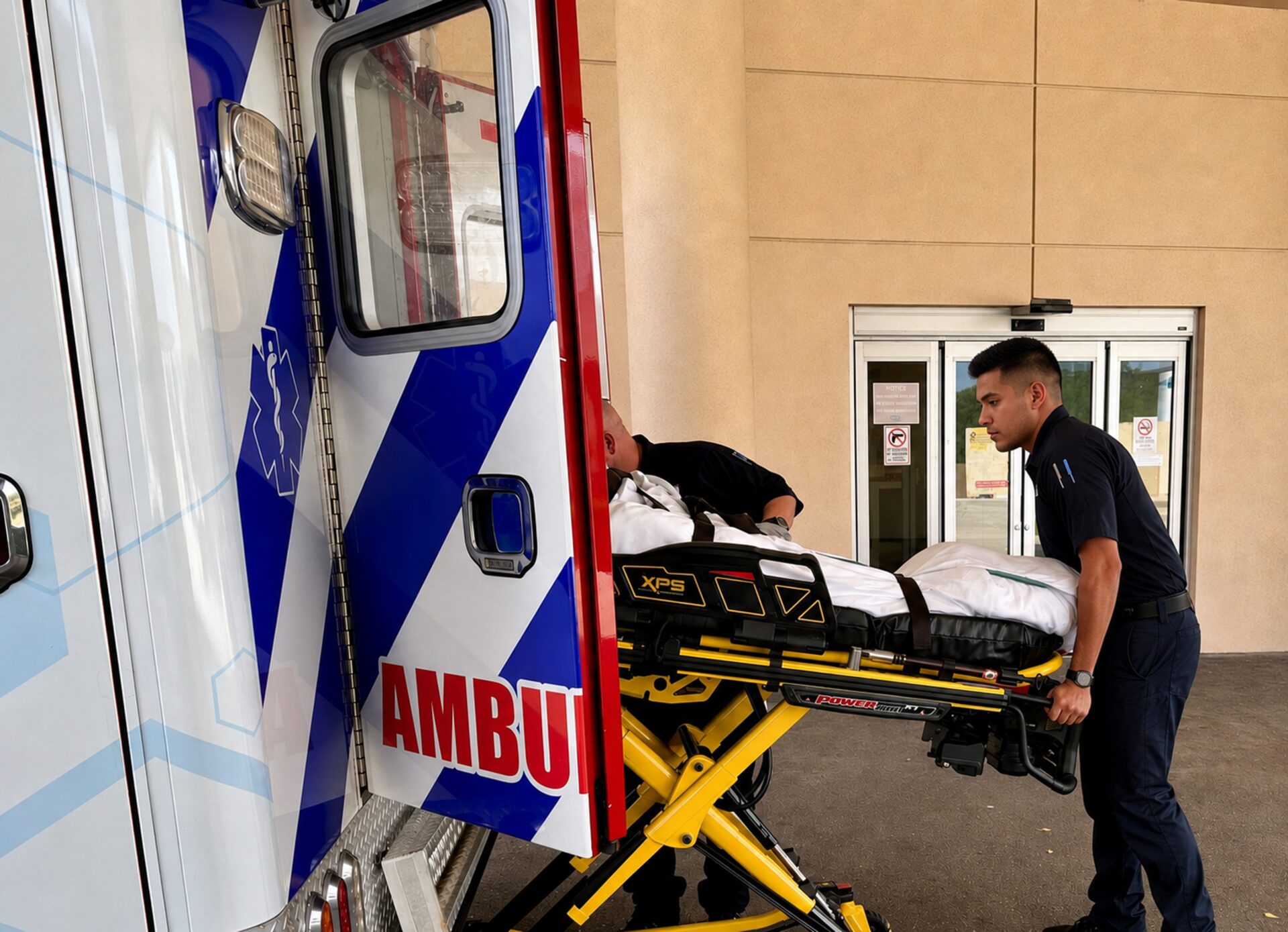 Paramedics pushing stretcher